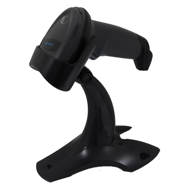 Element P100 2D USB barcode scanner kit, black, with stand, front view