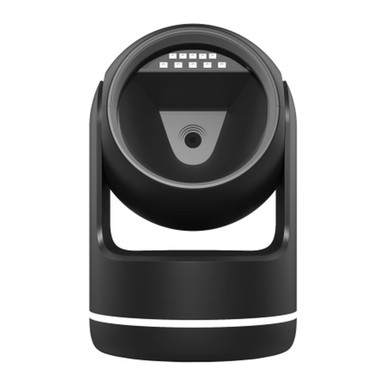 Nexa BL-8080 2D USB desktop barcode scanner in black, hands-free omni-directional imager on stand, front view