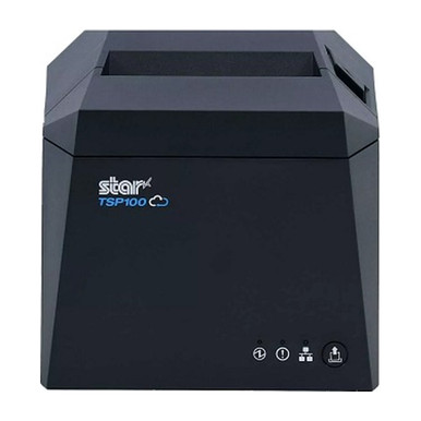 Star Micronics TSP143IV UEWB thermal receipt printer in dark grey, front view, with Wi-Fi, Bluetooth, Ethernet and USB connectivity