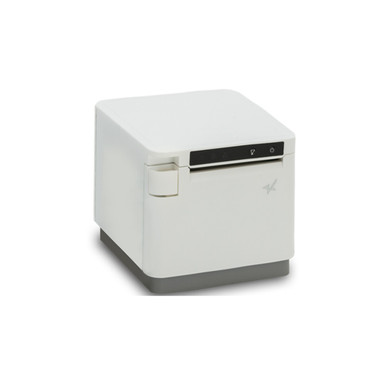 Star mC-Print3 MCP31CI thermal receipt printer in white, angled view, 80mm front-feed cube design with Ethernet and USB