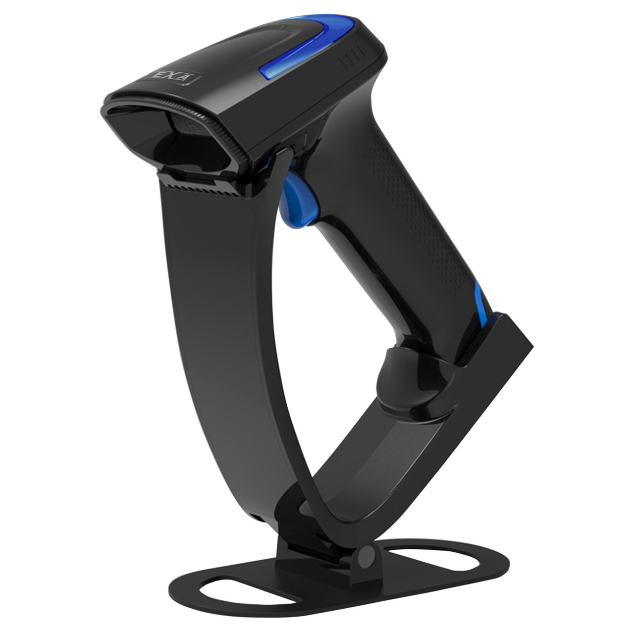 Nexa ZED 2603 corded 2D barcode scanner in black, shown seated in its included hands free stand