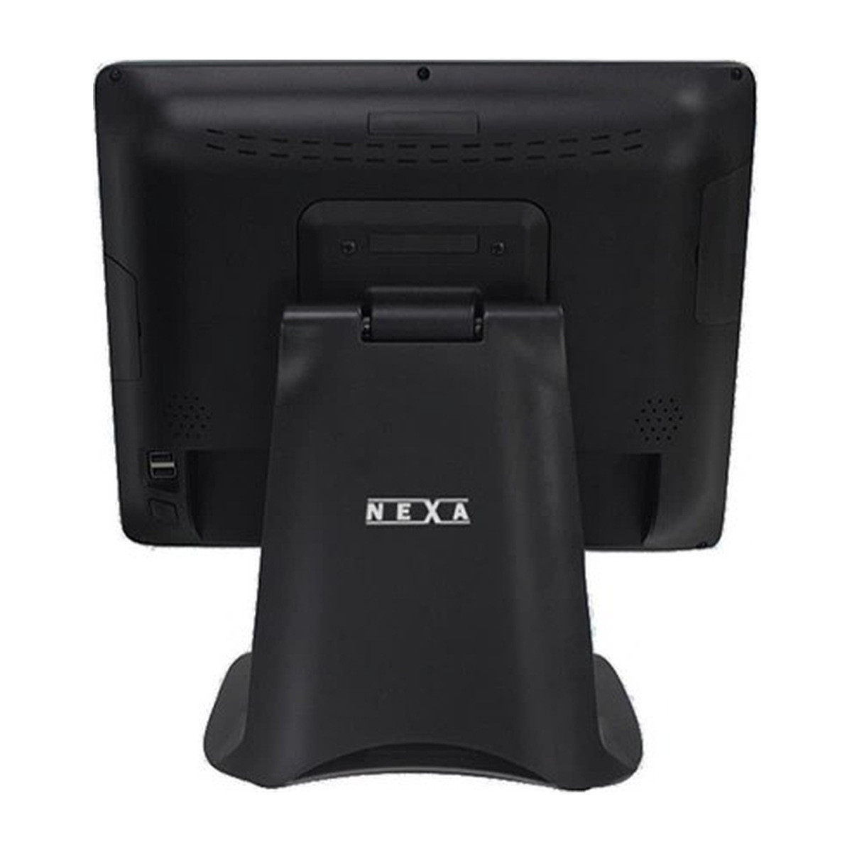 Rear view of the Nexa NP-1653+ terminal on its removable weighted stand, showing the panel that gives access to the SSD for servicing