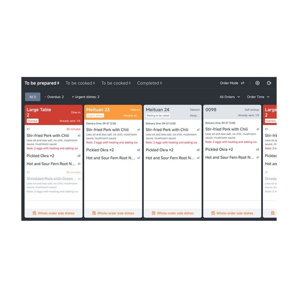 SUNMI FLEX 3 kitchen display screen showing order tickets grouped by table with preparation status columns