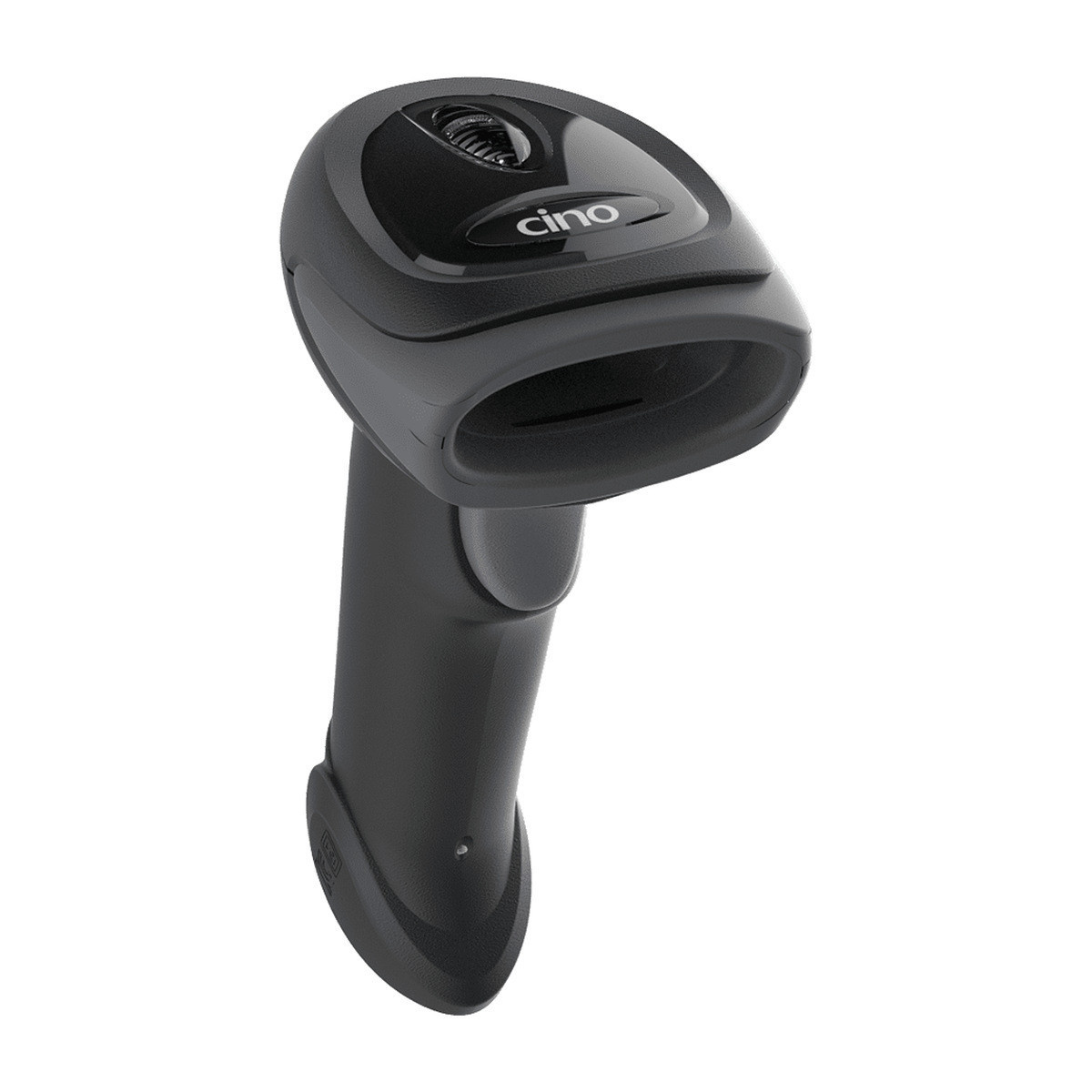 Cino FuzzyScan A670 corded 2D barcode scanner in classic black, angled front view showing the scan window and trigger
