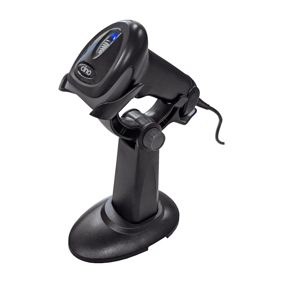 Cino A670 barcode scanner seated in its black Smart Stand, which switches the scanner into hands free presentation mode