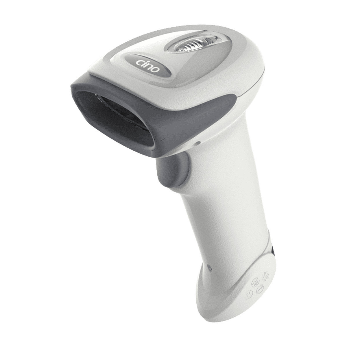 Cino FuzzyScan A670 corded 2D barcode scanner in ivory white, angled front view