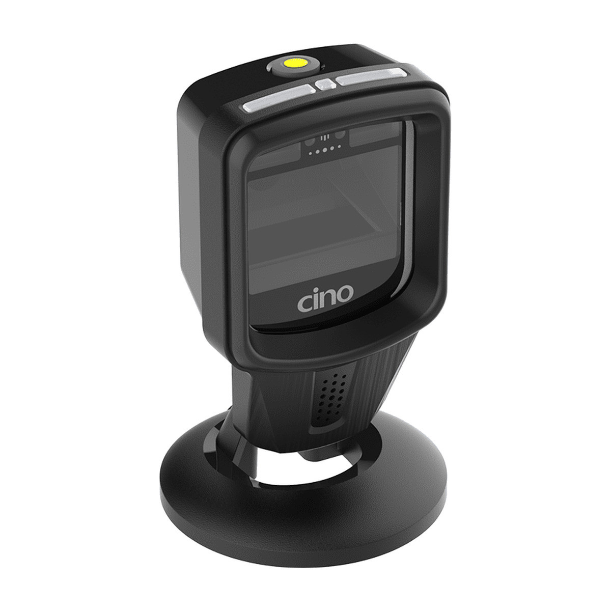 Cino FuzzyScan S680 2D presentation barcode scanner in black on its round weighted stand, front view showing the large scan window