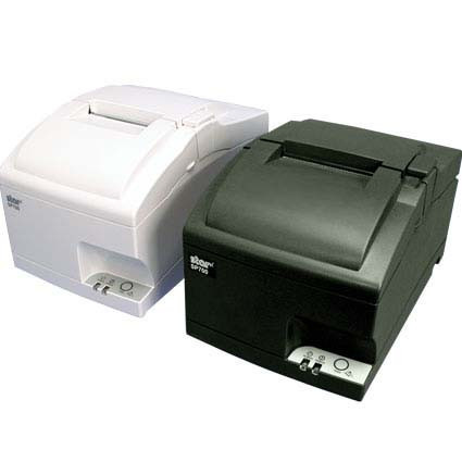 Star SP700 series impact receipt printers shown side by side in white and grey, the grey SP742 being the model supplied