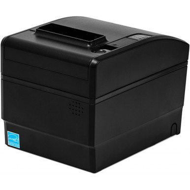 Front three quarter view of the black Bixolon SRP-S300TX linerless label printer with its clamshell lid closed and an Energy Star badge on the lower front panel