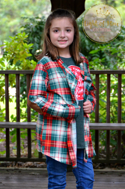 Girls/ Tween Perfectl Plaid Cardigan with Patch Elbows