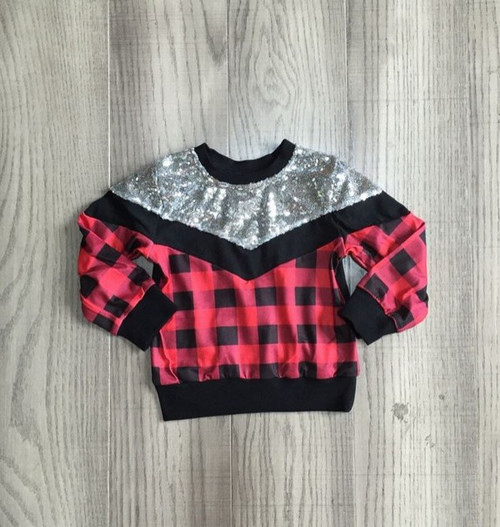 Infants to Girls- Sequin & Buffalo Plaid Top