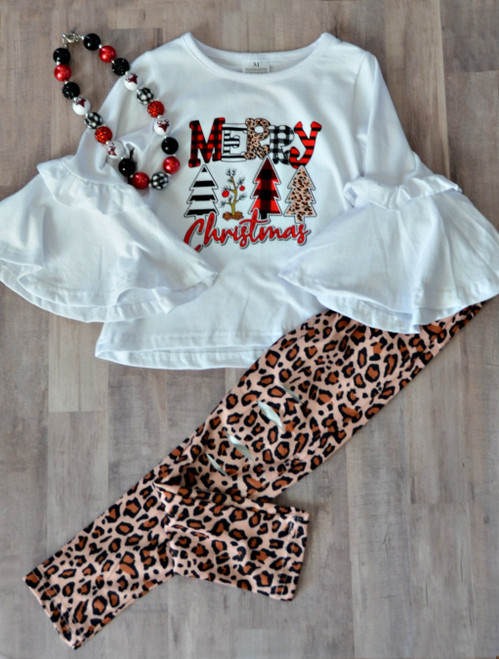 Christmas Plaid & Leopard 2pc Bell Sleeve Outfit Set (matching!)