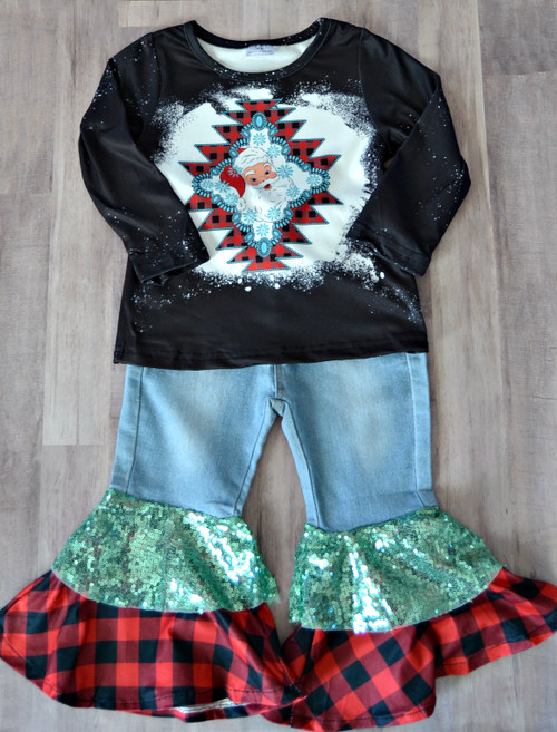 Wild Western Aztec Santa 2pc Denim Sequin Flare Outfit