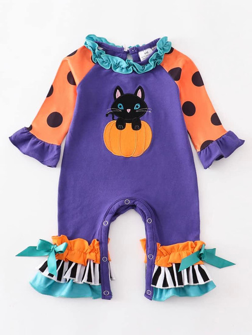 Black Cat Pumpkin Ruffle Romper