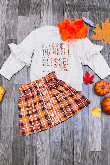 Thankful and Blessed Plaid Skirt Outfit 