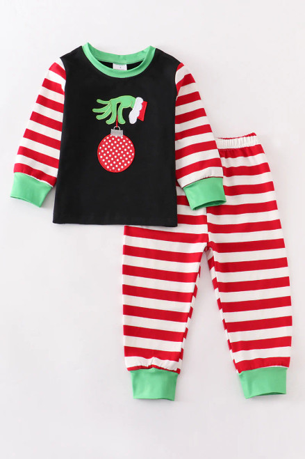 Christmas Pajamas Gr!nch Ornament Embroidered Set (no ruffle)