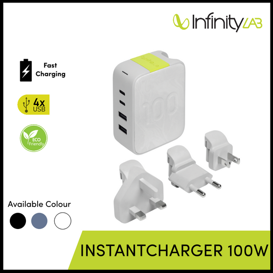 InfinityLab InstantCharger 100W 4 USB Ultra-Potente USB-C y USB-A GaN PD  Cargador (blanco)