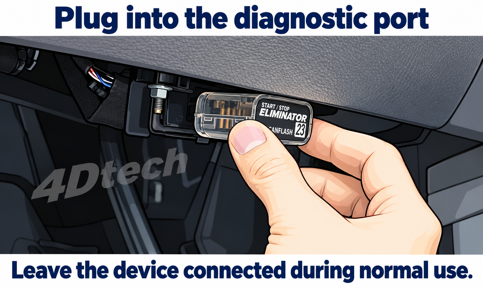 Start / Stop Eliminator plugs into the diagnostic port below the F-150 steering wheel