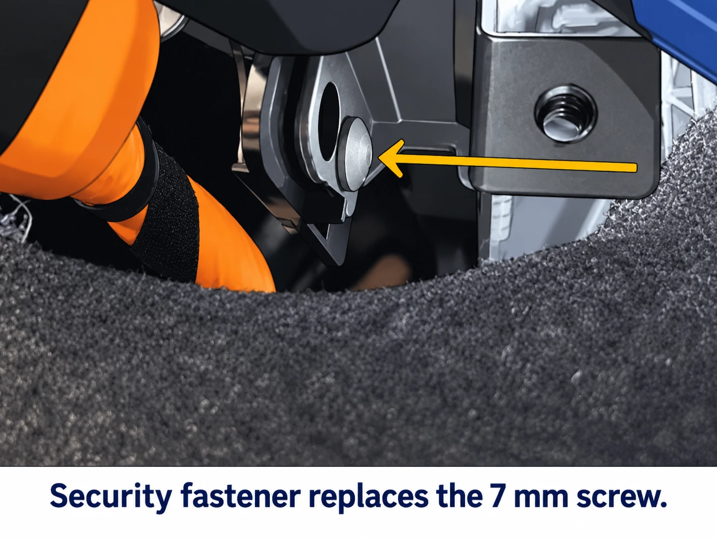 Security fastener securing the connector-protection bracket, indicated by an amber arrow