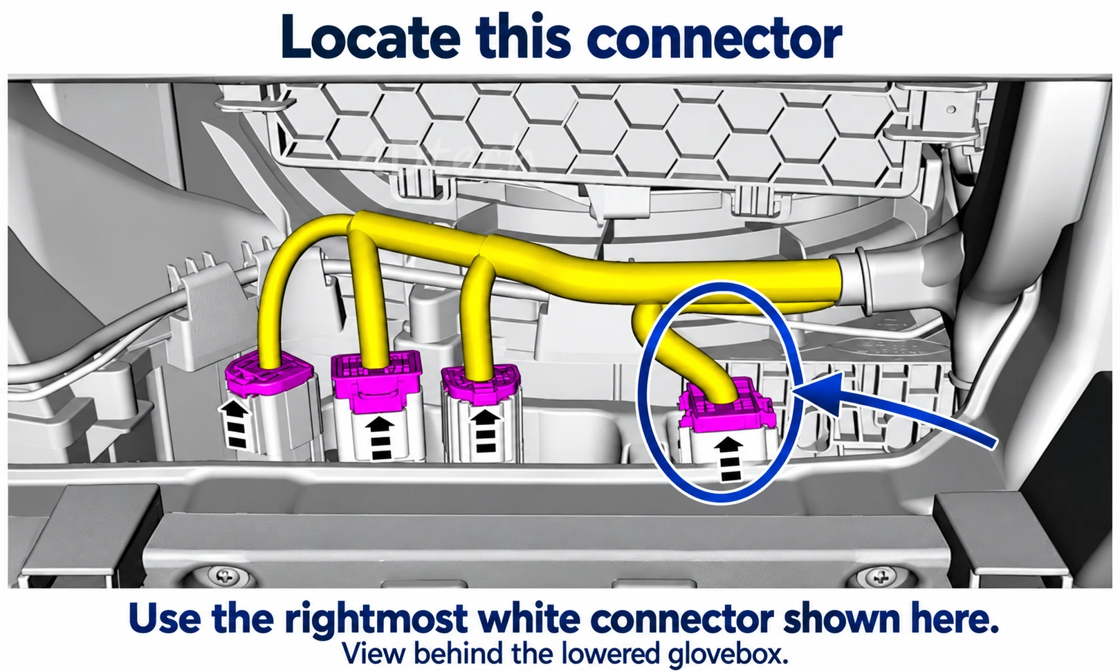 Rightmost white connector behind the lowered F-150 glovebox, highlighted as the inline installation location