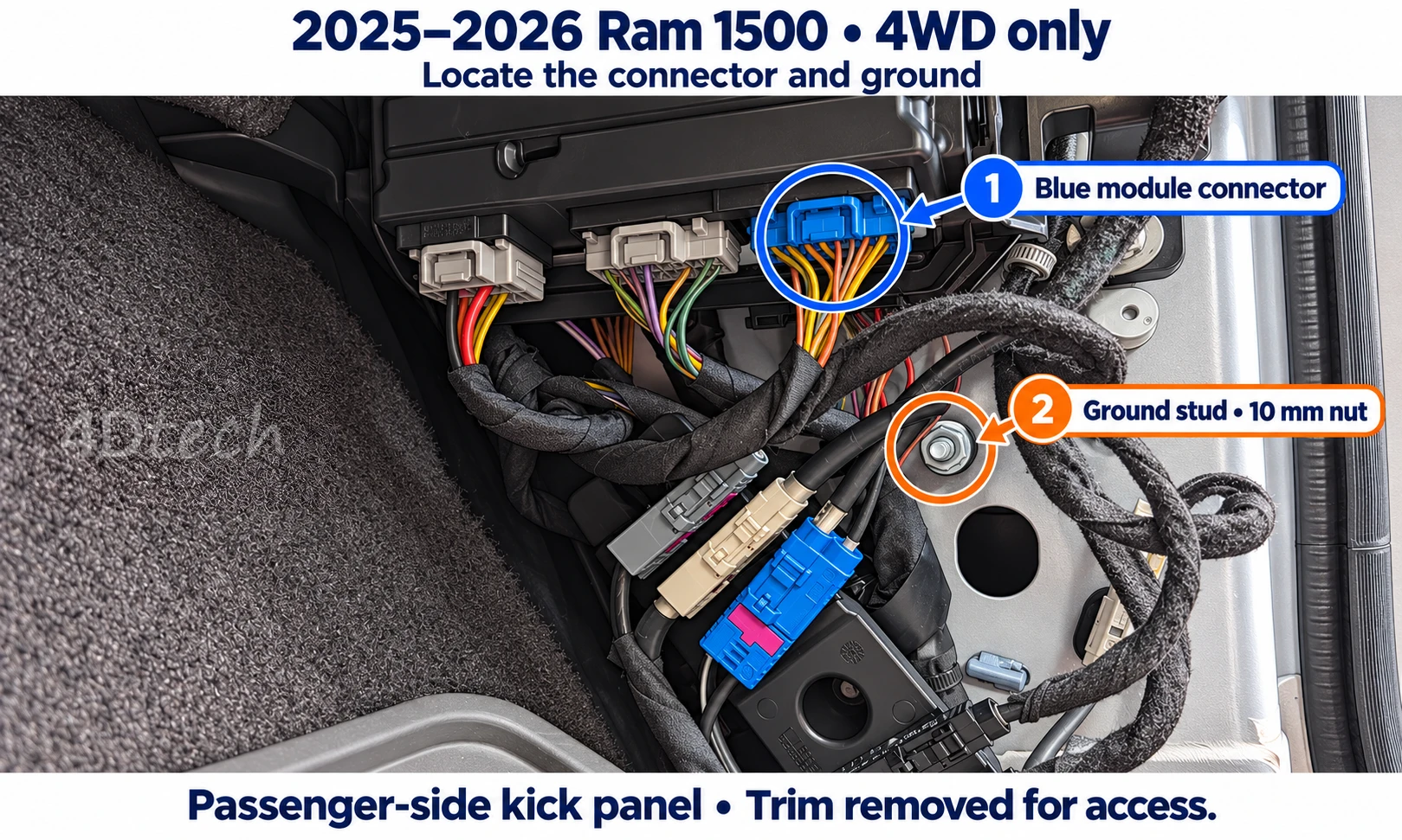 4WD installation: upper blue module connector and nearby 10 mm ground nut in the passenger kick-panel area