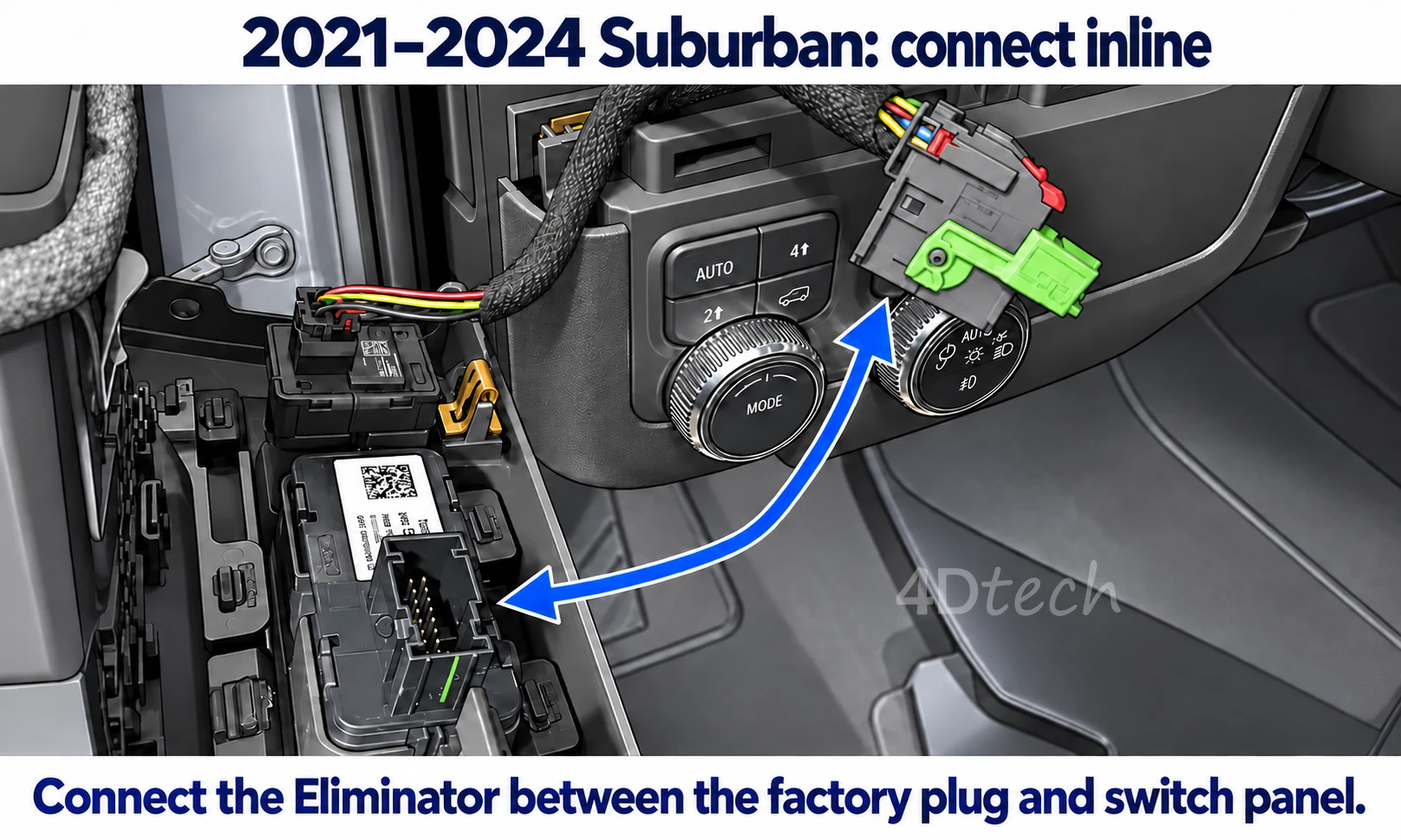 2021–2024 Suburban factory plug and switch-panel socket, with inline connection points highlighted
