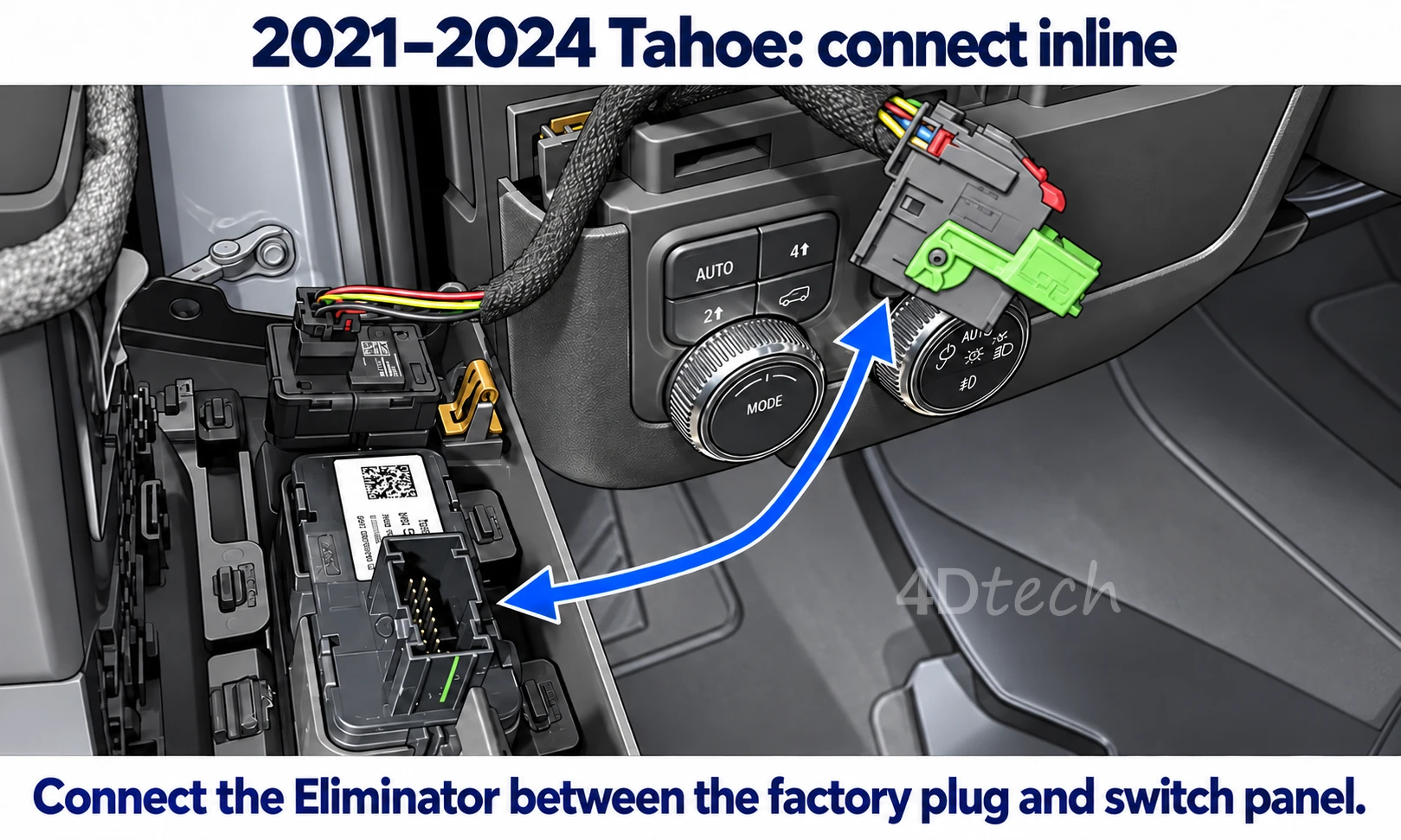 2021&ndash;2024 Tahoe factory plug and switch-panel socket, with inline connection points highlighted
