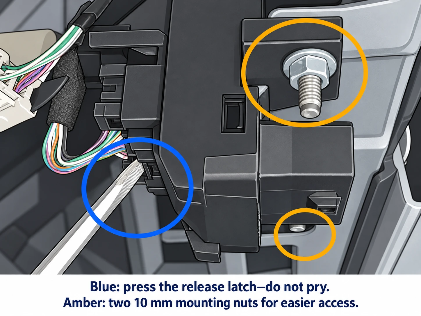 Black module with a screwdriver pressing the connector latch inside a blue circle. Two mounting nuts are marked with amber circles.