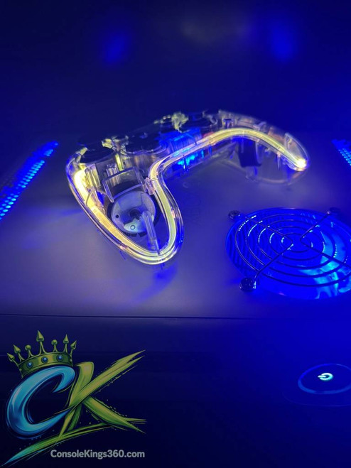 Xbox 360 RGH3 console with custom LED lighting and 2TB storage, high-performance configuration from ConsoleKings360.com.
