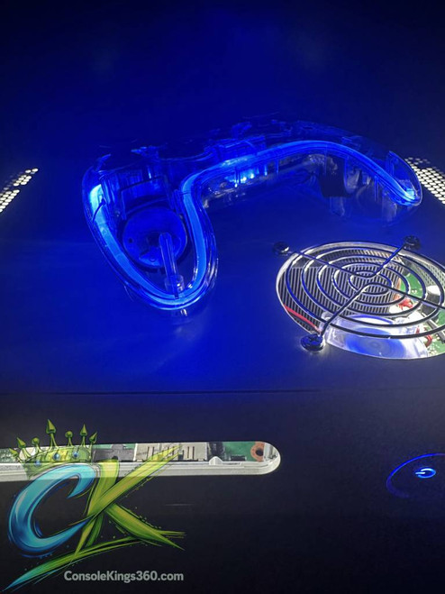 Custom Xbox 360 RGH3 with RGB LED lights and upgraded 1TB storage. Ready for digital gaming. Visit ConsoleKings360.com