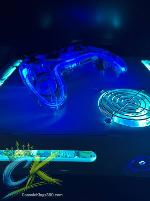 Xbox 360 RGH3 custom console with bright LED lighting, upgraded storage, and all-digital gaming setup. ConsoleKings360.com