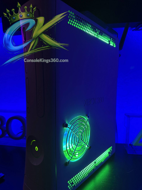 Custom Xbox 360 RGH3 console with RGB LED lighting and 1TB storage, front view design from ConsoleKings360.com.