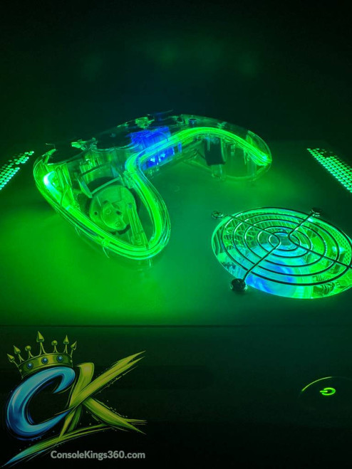 Custom Xbox 360 RGH3 console with RGB LED lighting and 1TB storage, front view design from ConsoleKings360.com.