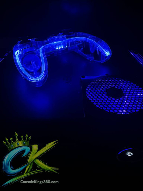 Black Xbox 360 Phat RGH3 with custom RGB LED lighting and HoneyComb Grille. Professionally built by ConsoleKings360.com.