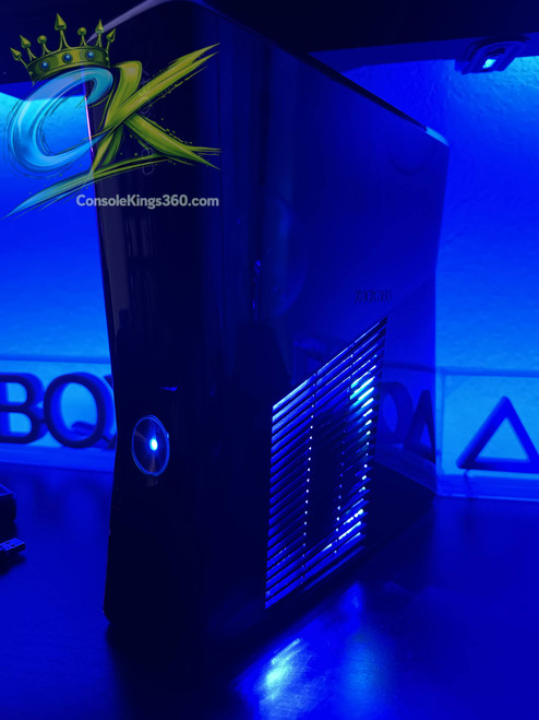 Xbox 360 Slim RGH3 Glossy Black with Blue LEDS 500GB HDD www.ConsoleKings360.com