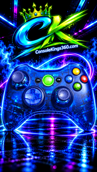 Custom Xbox 360 wireless controller with transparent blue shell, matching blue buttons, and classic colorful ABXY buttons. ConsoleKings360.com