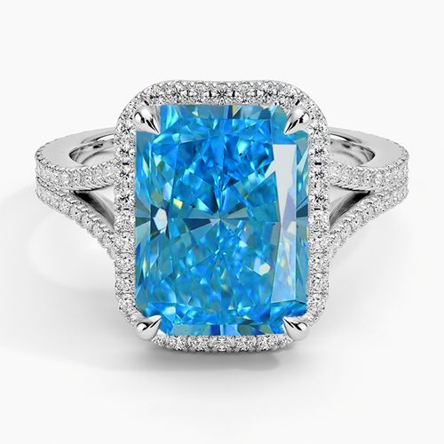 Fancy Intense Greenish Blue 4.5Ct Diamond Radiant Cut Engagement Ring with Halo Diamond