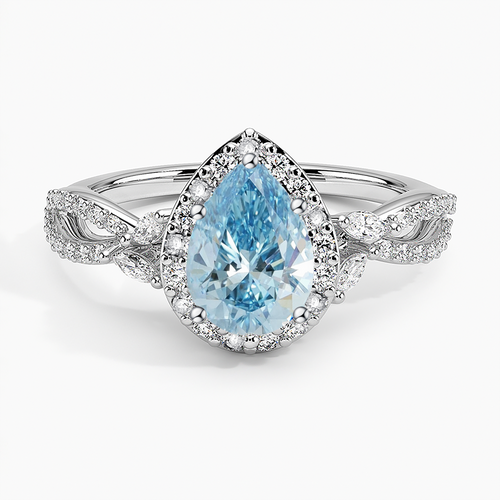 Fancy Vivid Blue 4.21Ct Diamond Pear Cut Engagement Ring with Halo Diamond