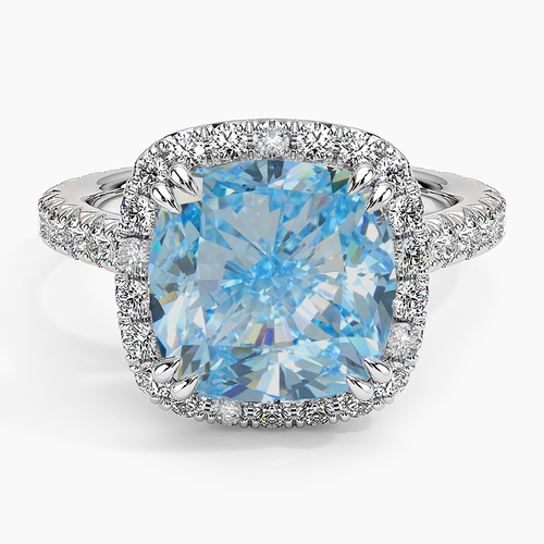 Fancy Intense Greenish Blue 5.13Ct Diamond Cushion Cut Engagement Ring with Halo Diamond