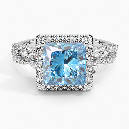 Fancy Intense Greenish Blue 3.01Ct Diamond Princess Modified Engagement Ring with Halo Diamond
