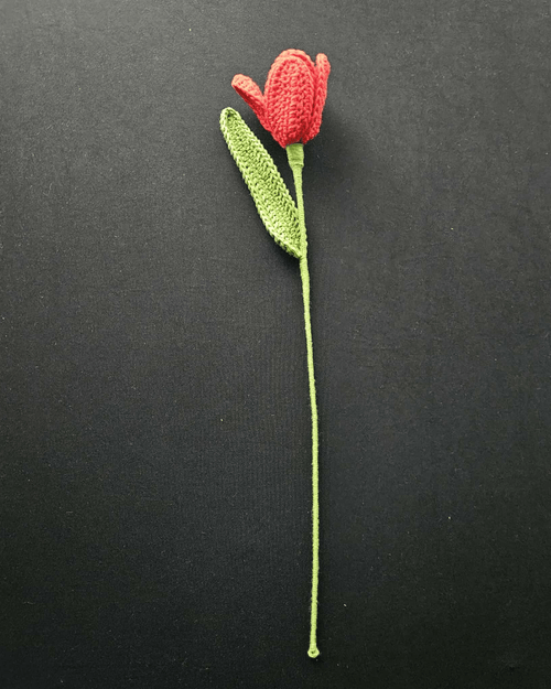 Full view of a red crochet tulip with one leaf on a green stem