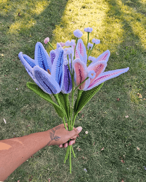 Full view of a custon Oriental Lily Bouquet with the Blue, Pink, and Purple color options.