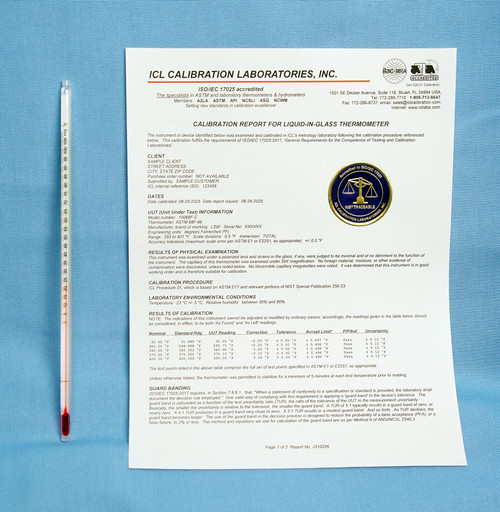 ASTM Thermometers with NIST traceable, ISO/IEC 17025 and ANSI/NCSL Z540-1 Accredited Report of Calibration