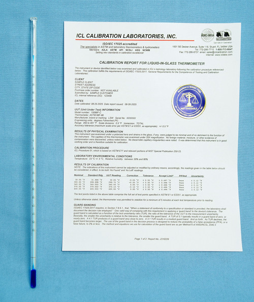 Non-Mercury similar to ASTM Thermometers with NIST traceable, ISO/IEC 17025 and ANSI/NCSL Z540-1 accredited report of calibration