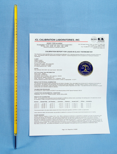 ASTM Thermometers with NIST traceable, ISO/IEC 17025 and ANSI/NCSL Z540-1 accredited report of calibration