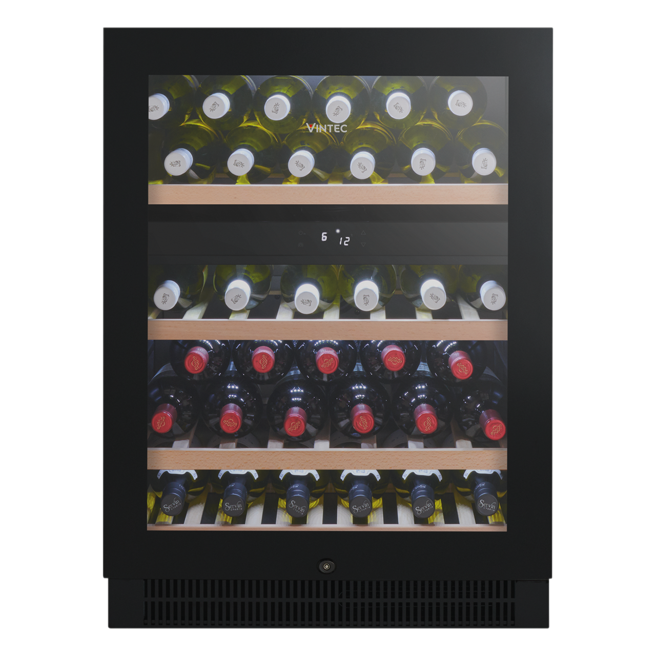 VWD050SBA-X -  50 bottle* dual zone cellaring & serving wine cabinet. *based on a Bordeaux shaped bottle. Black Glass