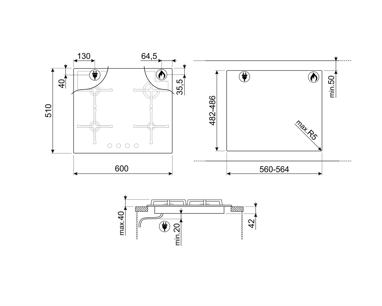 PV164CB2AU - 60cm Linea 4 Burner Gas Cooktop - White Ceramic Glass