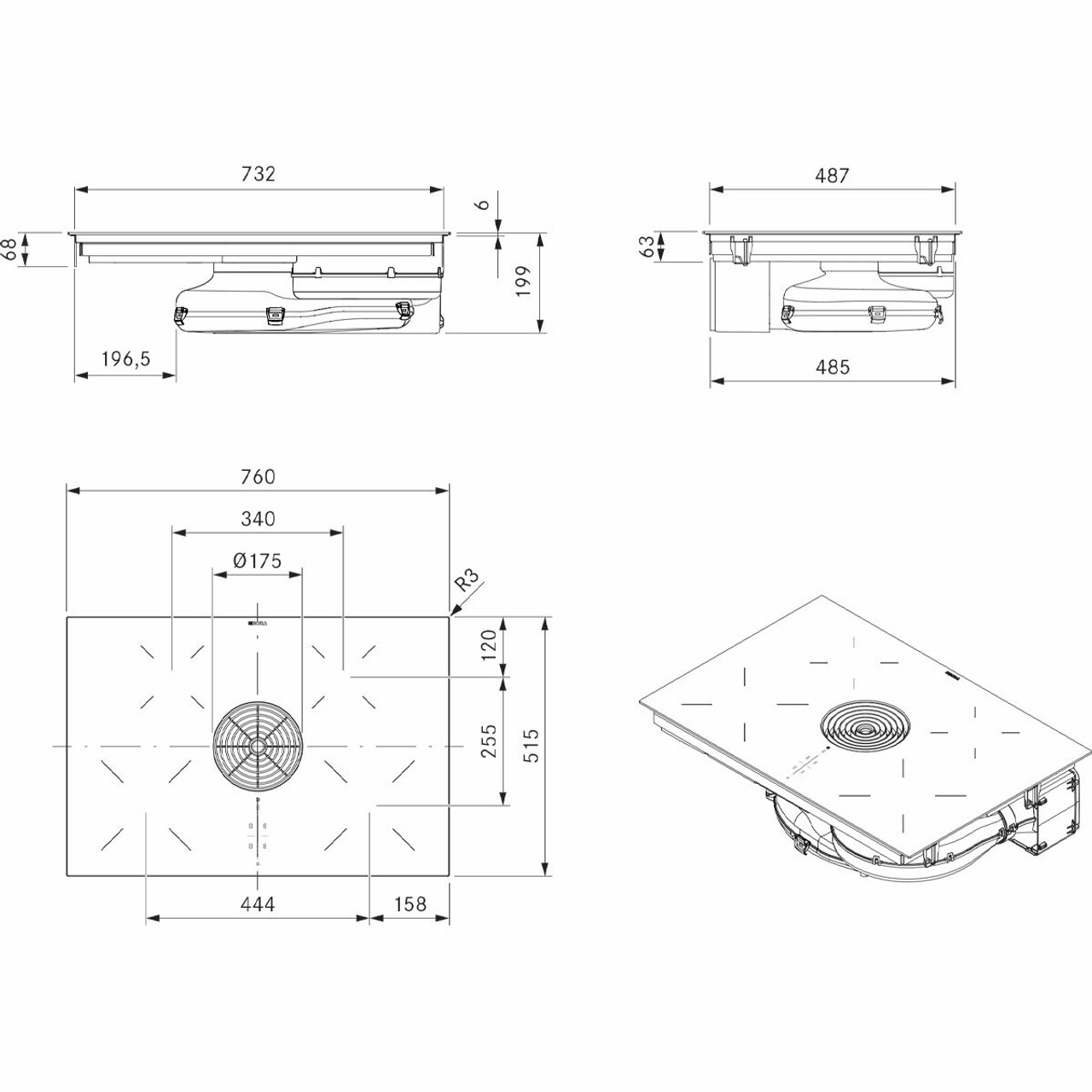 PURU - 76cm Pure Induction Cooktop with Integrated Recirculating Ventilation System - Black