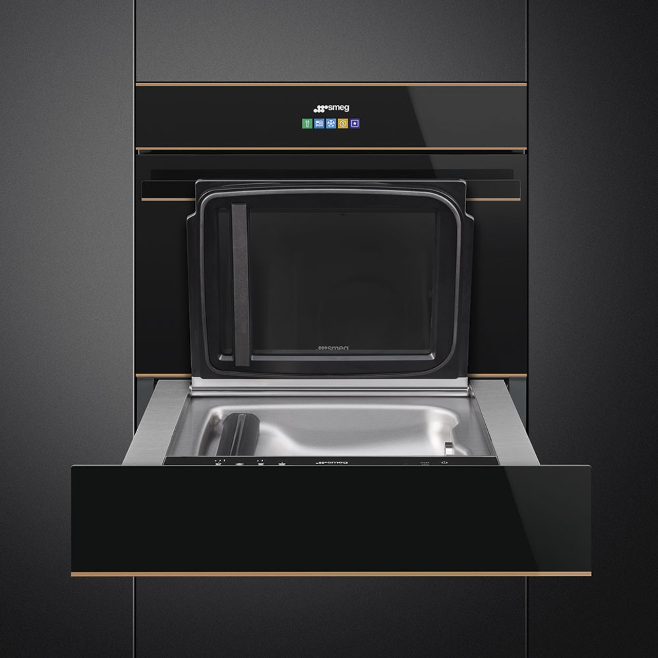 CPV615NR - 15cm Dolce Stil Novo Vacuum Drawer - Black Glass / Copper Trim