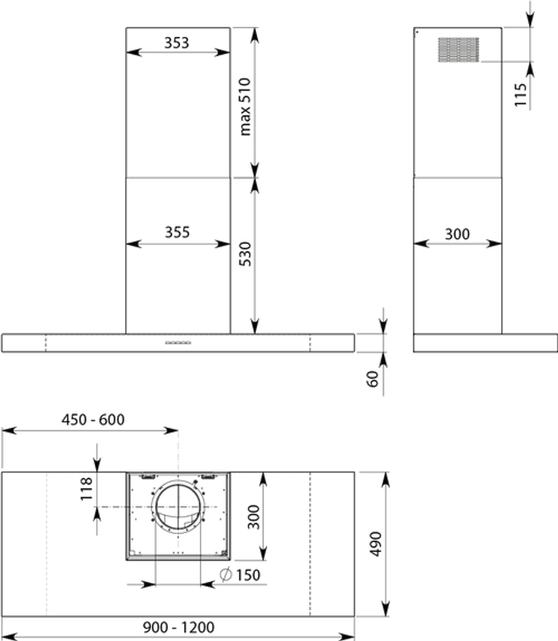 F5PN12S1 - 120cm Plane NRS Wall Canopy Rangehood - Stainless Steel